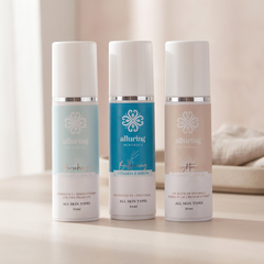 Three skincare bottles with 'alluring' branding on a neutral background