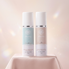 Two skincare bottles labeled 'Nourishing' and 'Lightening' on a soft pink background.