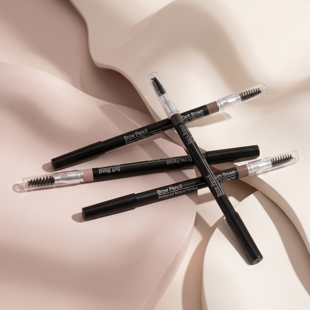 Set of brow pencils on a soft beige background