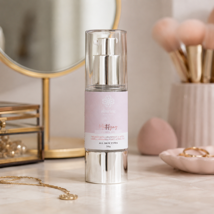 Mattifying Primer bottle on a vanity table with makeup brushes and jewelry in the background