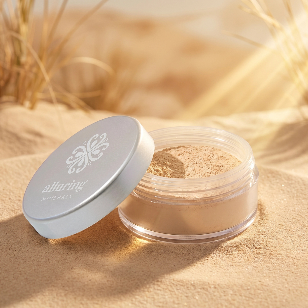 Open jar of loose powder with a white lid on sand, featuring the brand 'alluring'.