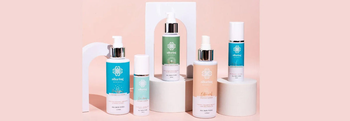 Alluring Minerals natural skincare range, cleanser, toner, serum and moisturiser
