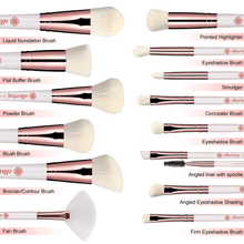 All 14 Luxe Makeup Brushes laid out and labelled by name, from Liquid Foundation Brush to Fan Brush